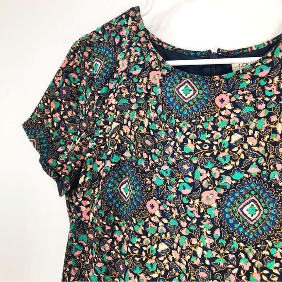 J. Crew Factory Blue Pink Teal Floral Medallion Short Sleeve ALine Flutter Dress - Picture 3 of 15